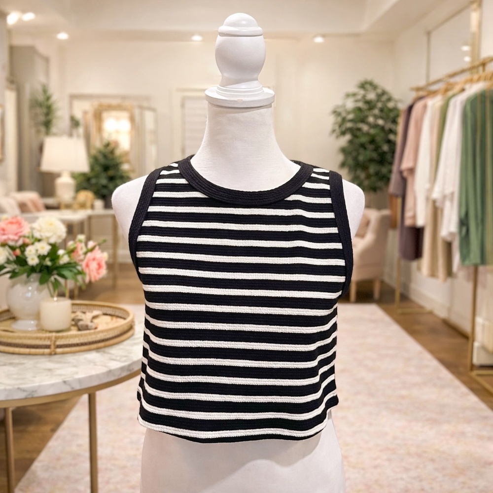 Tres Bien Striped Ribbed Tank Top Small Black White Crop Sleeveless Chic NWOT